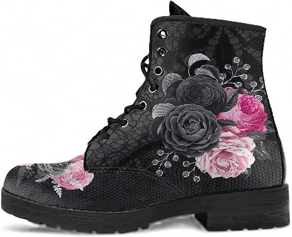 Women’s Printed Ankle Boots with Butterfly Girl Rose Skull Flower Leather Lace-up Combat Booties Floral Shoes Stylish Casual Everyday Travel Party Christmas Halloween Valentine's Day (Customized) - sugar skull costume