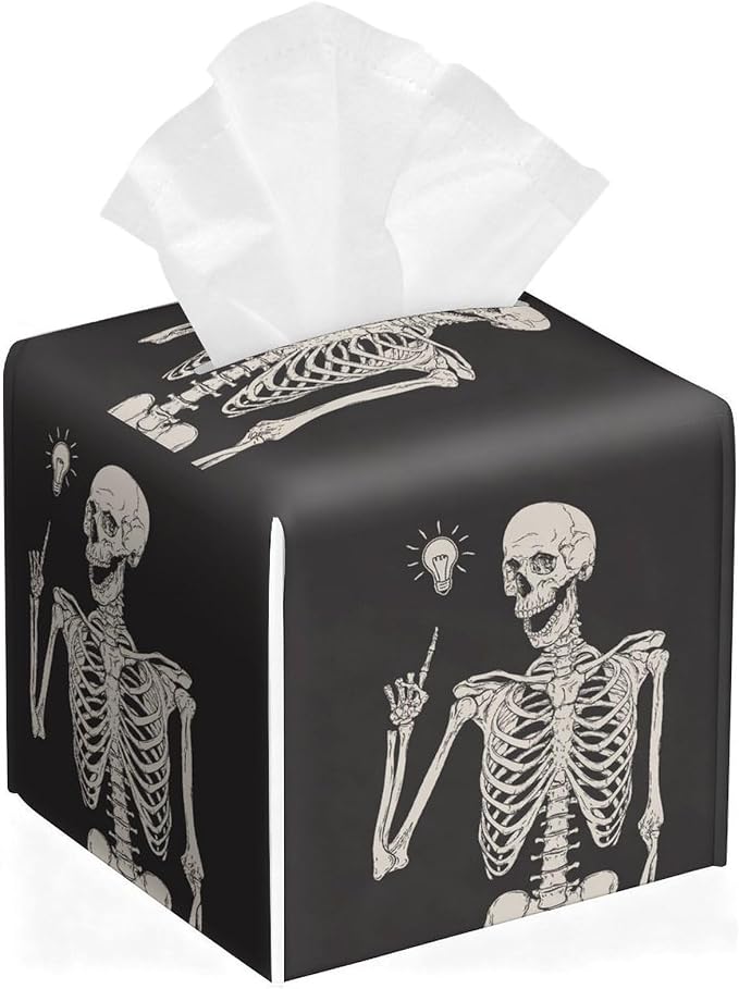 Funny Skull Tissue Box Cover Leather Tissue Box Holder Square Facial Paper Organizer Dispenser for Bathroom Kitchen Bedroom Vanity Countertop Night Stands