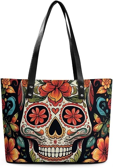 Large Tote Bag for Woman, Leather Handbag with Zipper, Slouchy Colorful Sugar Skull Shoulder Bags with Sturdy Bottom for Travel, Work, Gym, Daily, Shop, Attend Parties - sugar skull handbags for sale