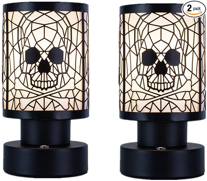 Rechargeable Cordless Touch Desk Lamp with Metal Skull Lampshade, 3-Level Dimmable, Halloween Theme, for Bedroom, Living Room, Restaurant, Bar - skull lamp
