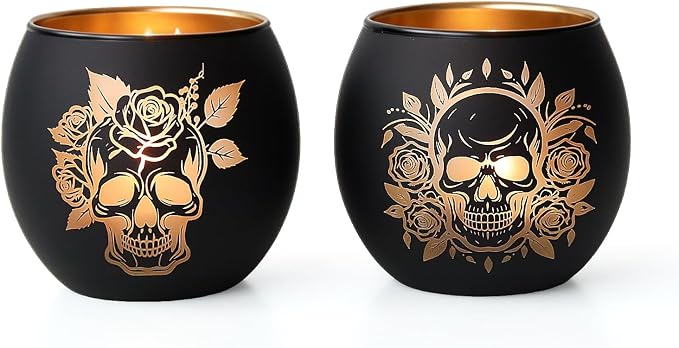 Gothic Decor Rose Skull Glass Candle Holders – 2PCS Black Small Tealight Votive Candle Holders, Dark Halloween Table Decor Gift - skull candle