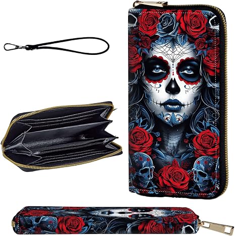 Wallet,Leather Long Wallet Suitable For Ladies And Teenagers - Detachable Wristband + RFID Travel Wallet With Card Slot - Sugar Skull Woman - skull wallet