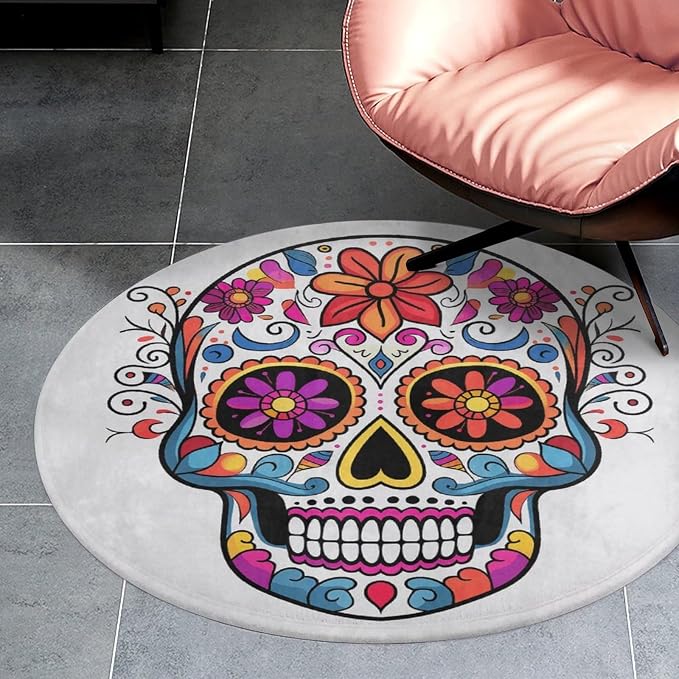 Round Area Rugs 3' Non Slip Coral Velvet Entry Mat Absorbent Soft Low-Pile Sugar Skull Throw Rug Boho Washable Floor Carpet for Bedroom Living Room Bathroom Dorm Home Decor - skull carpet