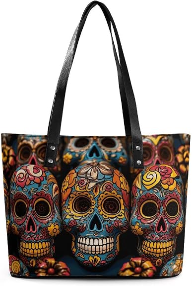 Classic PU Leather Tote Bag for Women, Large Capacity Lightweight Handbag with Zipper, Colorful Sugar Skulls Shoulder Bag for Travel, Work & Shopping - sugar skull handbags for sale