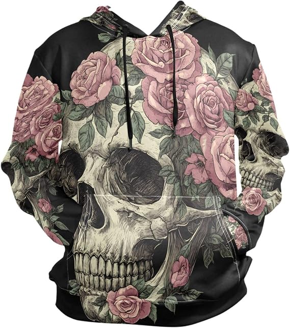 ALAZA Skull Pink Rose Hoody Sweatshirt Sweater Men - skull hoodie