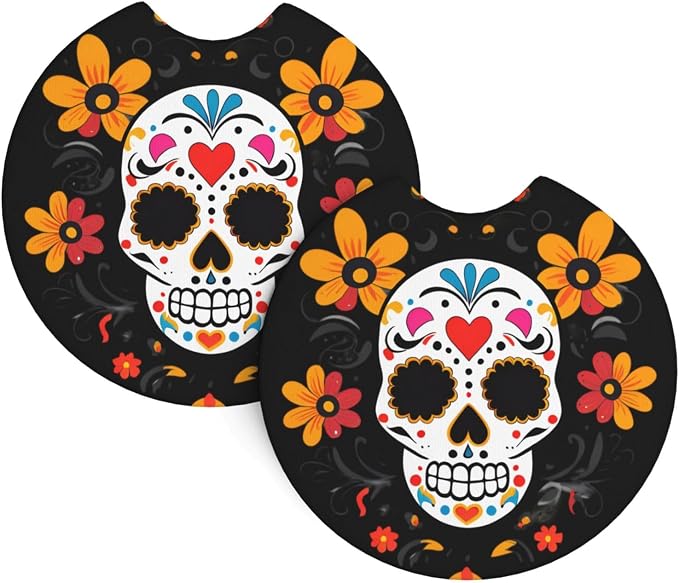 Car coasters 2 pack VVXBHGR Day of the Dead Prints car accessories waterproof non-slip quick-drying for daily use in cars and trucks - skull coaster