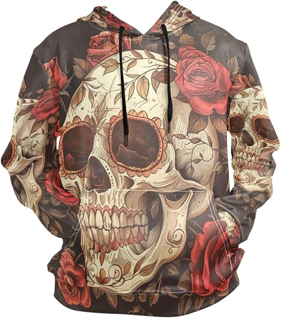 ALAZA Sugar Skull and Roses Vintage Retro Hoody Sweatshirt Sweater Men - skull sweatshirts