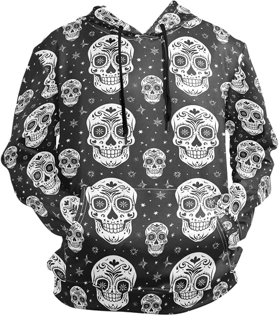 ALAZA Sugar Skull The Day Of Dead Black White Hoody Sweatshirt Sweater Men - skull sweatshirts