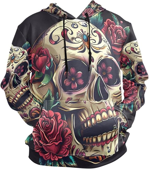 ALAZA Sugar Skull and Roses Hoody Sweatshirt Sweater Men - skull sweatshirts