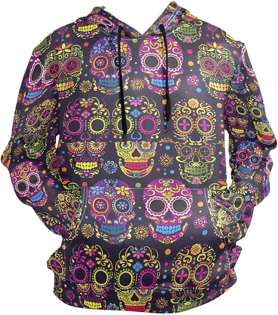 ALAZA Colorful Sugar Skull Seamless on Black Hoody Sweatshirt Sweater Men - skull sweatshirts
