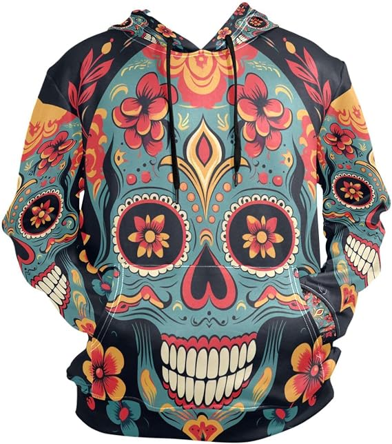 ALAZA Sugar Skull Flower on Black Hoody Sweatshirt Sweater Men - skull hoodie
