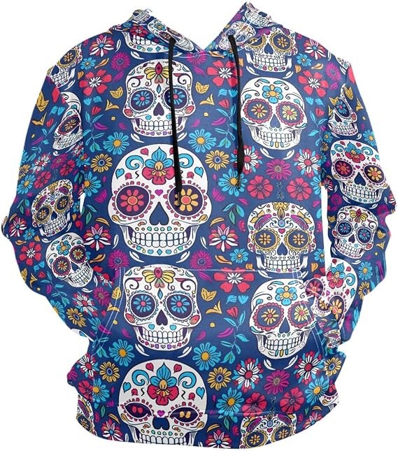 ALAZA Sugar Skull on Blue Hoody Sweatshirt Sweater Men - skull sweatshirts