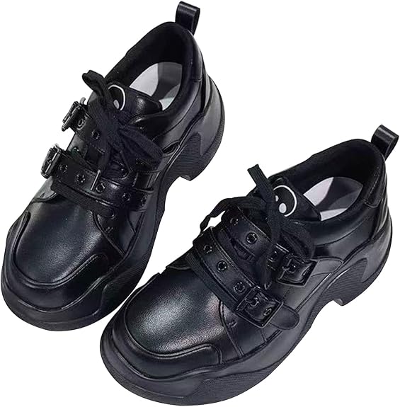 Y2K Harajuku Platform Sneakers for Women - Black/White Skull Decor Buckle Chunky Sole Casual Shoes - sugar skull boots