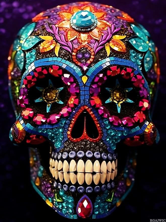 RGAJWIC 5D Skull Flower Diamond Painting Kits for Adults Beginner, Day of The Dead Sugar Skull DIY Full Round Drill by Number Kits Arts and Crafts for Home Wall Decor Gifts 12x16 inch - skull painting