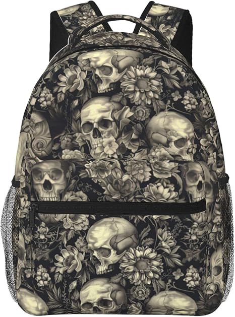Skull Floral Backpack, Travel Backpacks Laptop Rucksack for Women, School Bookbag for Kids Girls Boys Teens, Gothic Back Pack Accessories Bag for Work, Ideal Gifts for Goth Lovers
