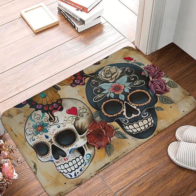 Non-Slip Washable Soft Flannel Sugar Skulls Butterfly Print Door Mat 16x24in for Entryway Kitchen Bathroom Indoor/Outdoor Dirt Trapper - skull toilet mat