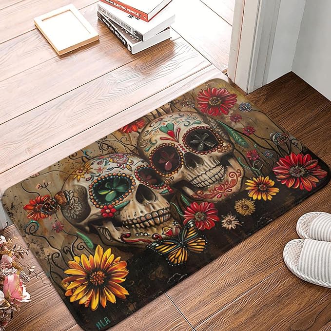 Non-Slip Washable Soft Flannel Sugar Skulls Butterfly Print Door Mat 16x24in for Entryway Kitchen Bathroom Indoor/Outdoor Dirt Trapper - skull toilet mat