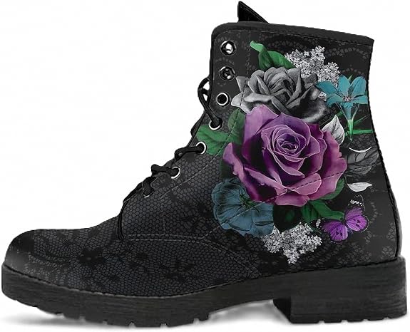 Women’s Printed Ankle Boots with Gear Girl Rose Skull Flower Leather Lace-up Combat Booties Floral Shoes Stylish Casual Everyday for Travel Party Christmas Halloween Valentine's Day (Customized) - sugar skull costume