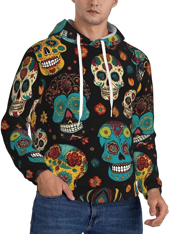 Sugar And Skulls Print Warm Men'S Hooded Sweatshirt, Polyester Kangaroo Pocket Hoodie For Casual Daily - skull hoodie