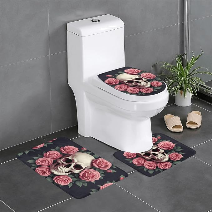 3 Piece Bathroom Rug Set Skull on Roses Bathroom Rugs Non Slip Bathroom Mats for Toilet, Vanity and Lid Cover Easy to Clean - skull toilet mat