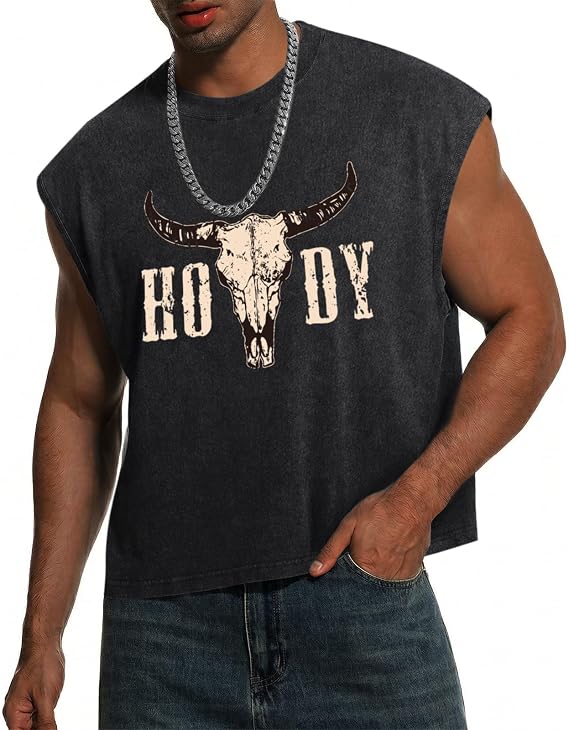 Men's Western Cowboy Crop Top Cow Skull Graphic Cropped Sleeveless T Shirt Country Concert Summer Tank Tops - skull tank tops