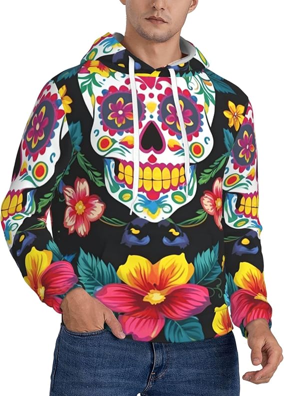 Sugar Skulls Flowers Print Warm Men'S Hooded Sweatshirt, Polyester Kangaroo Pocket Hoodie For Casual Daily - skull hoodie