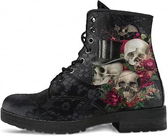 Women’s Printed Ankle Boots with Rose Girl Mushroom Flower Leather Lace-up Combat Booties Floral Shoes Stylish Casual Everyday for Travel Party Christmas Halloween Valentine's Day (Customized) - sugar skull costume