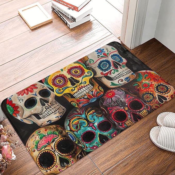 Non-Slip Washable Soft Flannel Sugar Skulls Print Door Mat 16x24in for Entryway Kitchen Bathroom Indoor/Outdoor Dirt Trapper - skull toilet mat