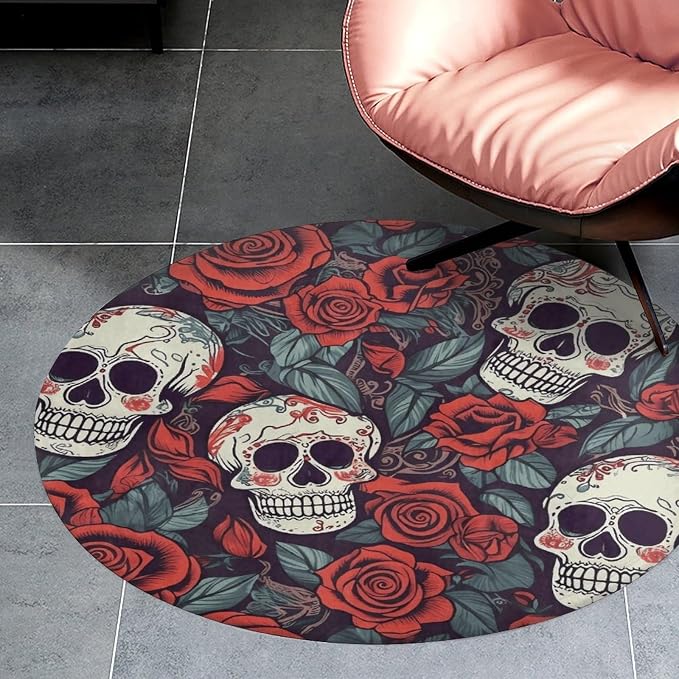 3 ft Round Area Rug for Bedroom Water Absorbent Coral Velvet Low Pile Floor Carpet Boho Non-Slip Backing Sugar Skulls and Roses Throw Rug Machine Washable Bathroom Mat for Tub Shower Toilet - skull carpet