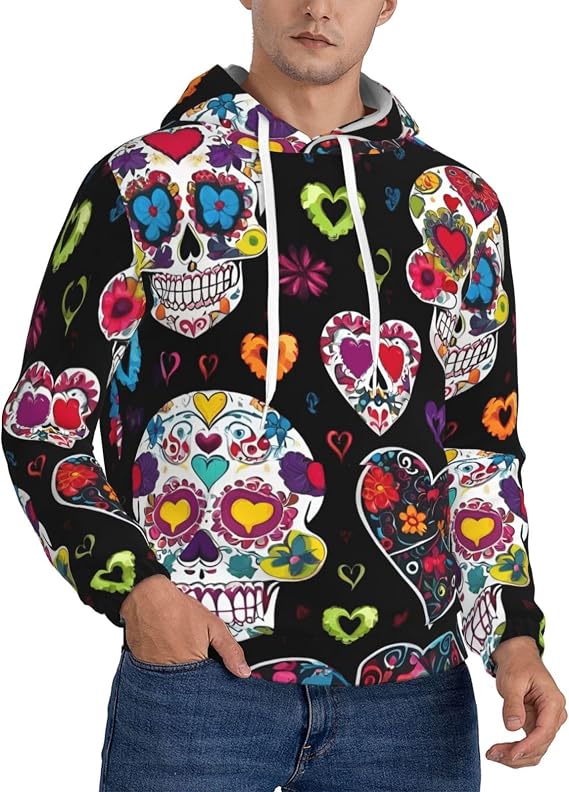 Sugar Skulls Print Warm Men'S Hooded Sweatshirt, Polyester Kangaroo Pocket Hoodie For Casual Daily - skull hoodie