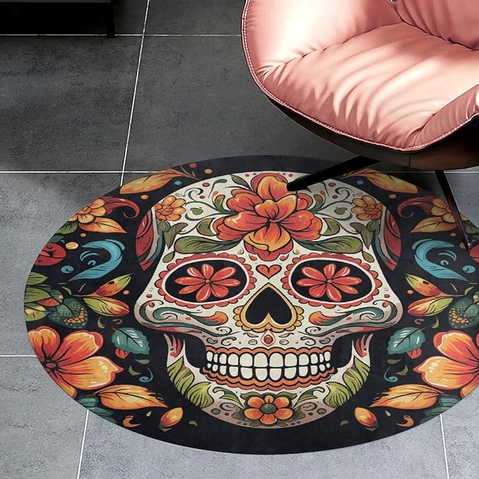 3' Circle Rug Non Slip Bath Rug Soft Stain Resistant Coral Velvet Colorful Sugar Skull Carpet for Under Round Table Washable Indoor Floor Mat for Living Room Bedroom Nursery Home Office Decor - skull carpet