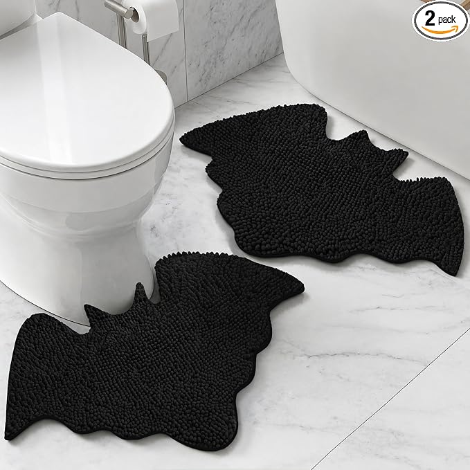 MANNY'S MYSTERIOUS ODDITIES Chenille Bat Bath Mat, 24x20 Inch, 2 Piece Set - skull toilet mat