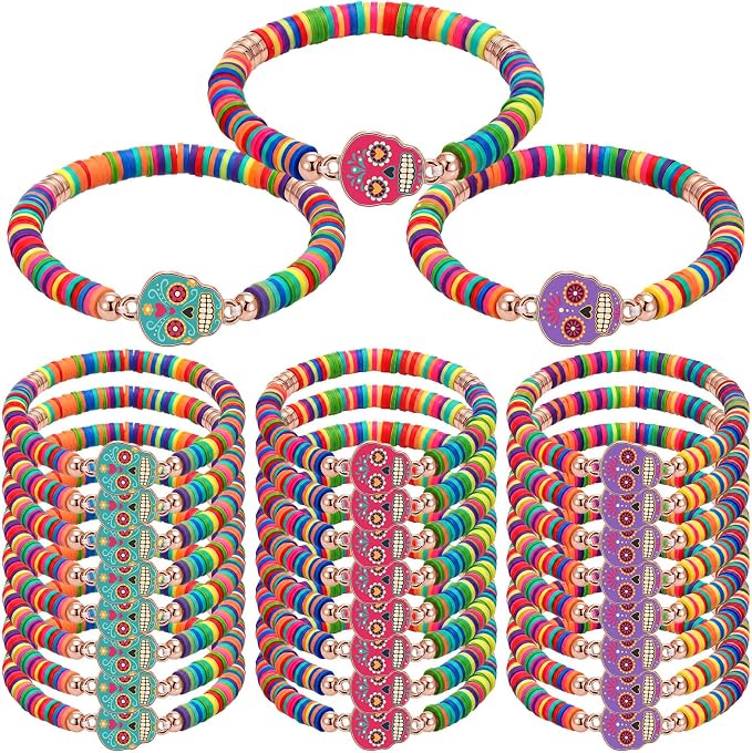 Huquary 24 Pcs Day of The Dead Bracelets Dia De Los Muertos Party Favors - skull sticker