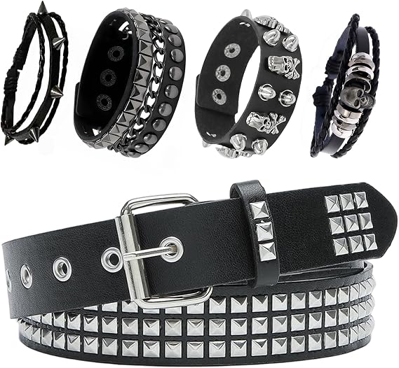 YMO Studded Belt, Spiked Bracelets Punk Rock Black PU Leather Belt - skull wallet