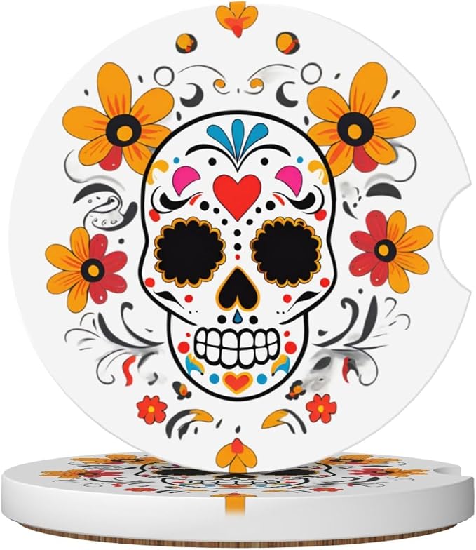 Ceramic car coasters (2-pack) VVXBHGR Day of the Dead Prints absorb moisture are non-slip and easy to clean for cars trucks and vans. - skull coaster