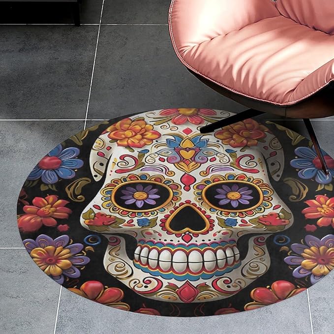 3 ft Round Area Rug for Bedroom Water Absorbent Coral Velvet Low Pile Floor Carpet Boho Non-Slip Backing Sugar Skulls Throw Rug Machine Washable Bathroom Mat for Tub Shower Toilet - skull carpet