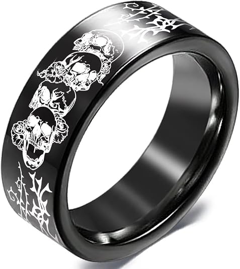 8mm Stainless Steel Skull Rose Ring for Men Women, Gothic Skeleton Flower Band, Wedding Band Promise Anniversary Jewelry,Polished Black Silver Fashion Ring Size 6-13 - skull ring