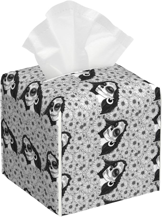 Floral Sugar Skull Portrait for Leather Tissue Box, Waterproof PVC Square Tissue Holder for Bathroom, Kitchen and Office - skull toilet paper