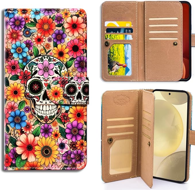 Bcov Case for Galaxy S23 Ultra,Colorful Flowers White Skull Multifunction Leather Phone Case Wallet Flip Cover with Multi Card Slots Pocket Wrist Strap for Samsung Galaxy S23 Ultra - Skull phone case