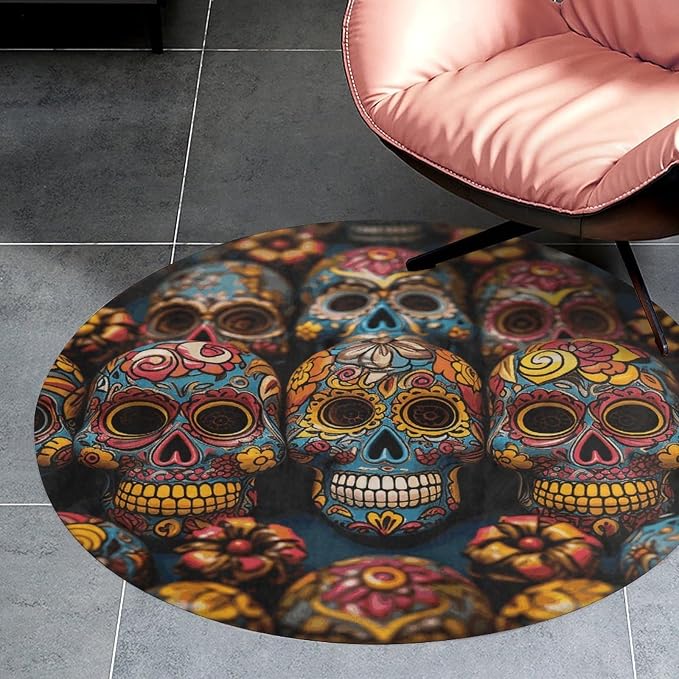 3 ft Round Area Rug for Bedroom Water Absorbent Coral Velvet Low Pile Floor Carpet Boho Non-Slip Backing Colorful Sugar Skulls Throw Rug Machine Washable Bathroom Mat for Tub Shower Toilet - skull carpet