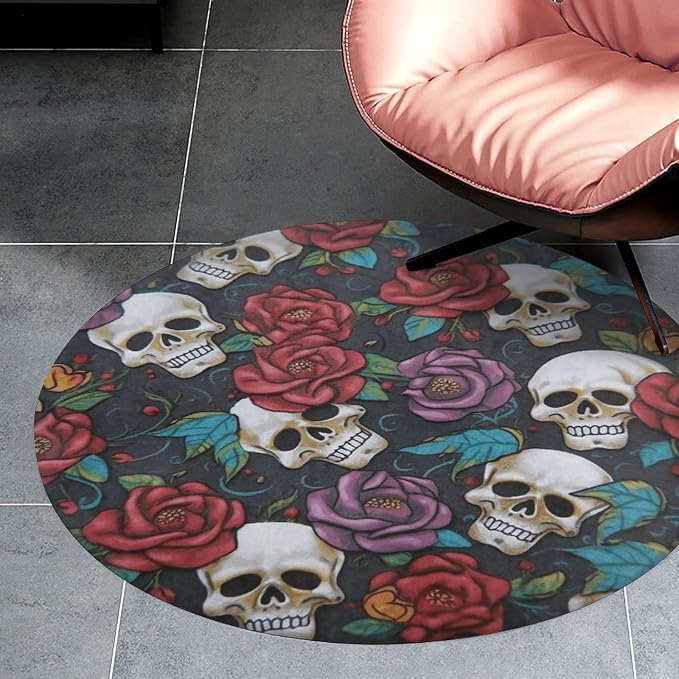 3' Circle Rug Non Slip Bath Rug Soft Stain Resistant Coral Velvet Sugar Skull Flowers Carpet for Under Round Table Washable Indoor Floor Mat for Living Room Bedroom Nursery Home Office Decor - skull carpet