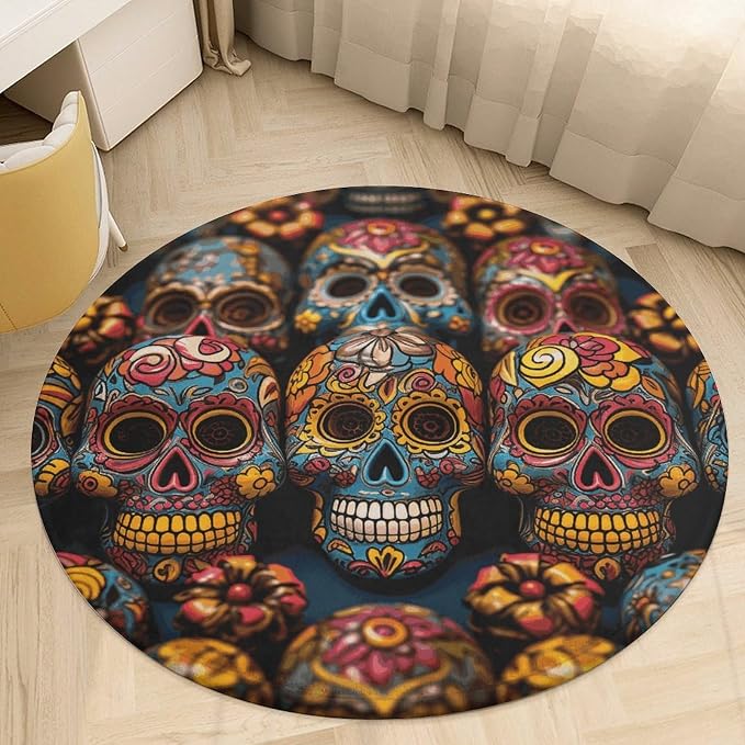 2 ft Round Area Rug for Bedroom Water Absorbent Coral Velvet Low Pile Floor Carpet Boho Non-Slip Backing Colorful Sugar Skulls Throw Rug Machine Washable Bathroom Mat for Tub Shower Toilet - skull toilet mat