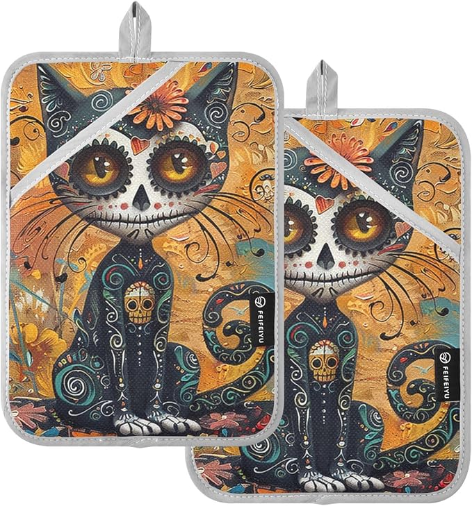 Sugar Cat Skull Day Of Dead Large 2Pack Pocket Pot Holders Set,Heat Resistant Quilted Liner Hot Pads Oven Mitts Kitchen Decor Trivets for Home Baking and Cooking,10"x7" - skull coaster