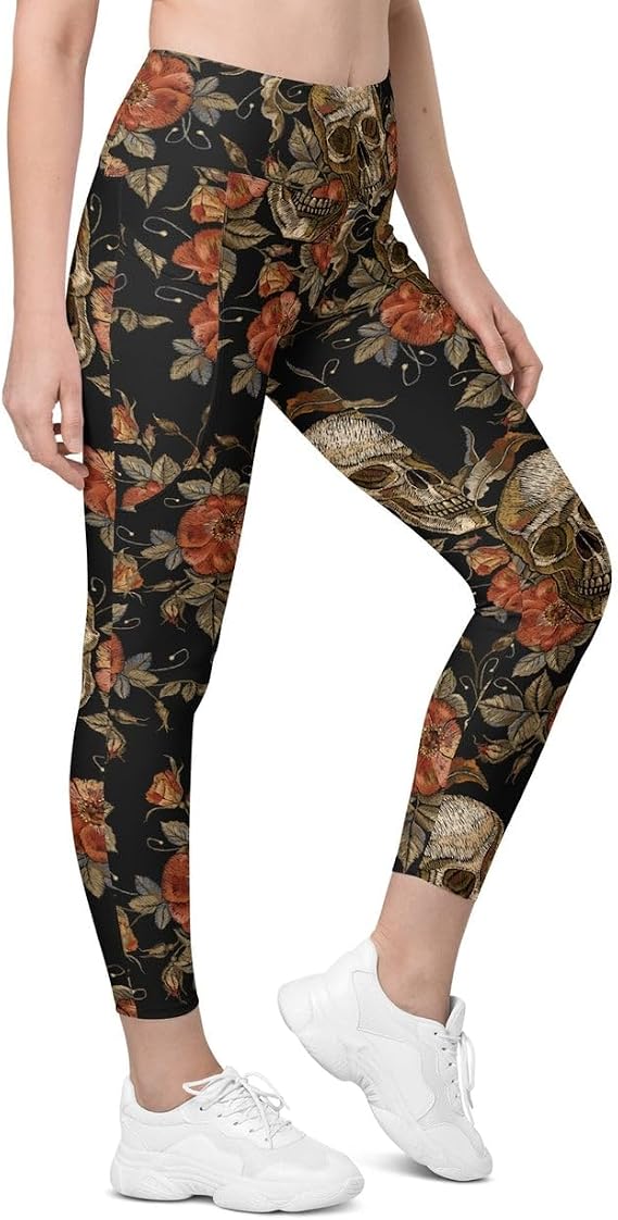 Sugar Skull High Waisted Leggings with Pockets for Women - skull leggings