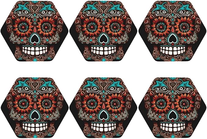 Hexagon Coasters Set of 6, PU Leather Coasters for Drinks, 4" Drink Coasters for Coffee Table, Sugar Skulls Day of The Dead Cup Coaster for Tabletop Protection Home Decor Cup Mat Pad - skull coaster