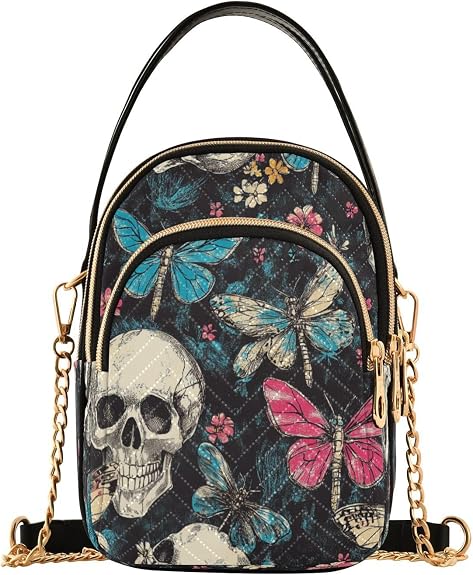 Skulls Retro Flowers Butterfly trendy small crossbody purse with multi pockets hand bag for women for traveling - sugar skull handbags for sale