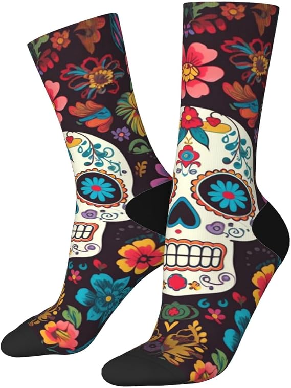 Crew Socks Breathable Cozy Boot Sock Sugar Skulls and Flowers Calf Socks Soft Athletic Sock for Hiking Sports - sugar skull boots