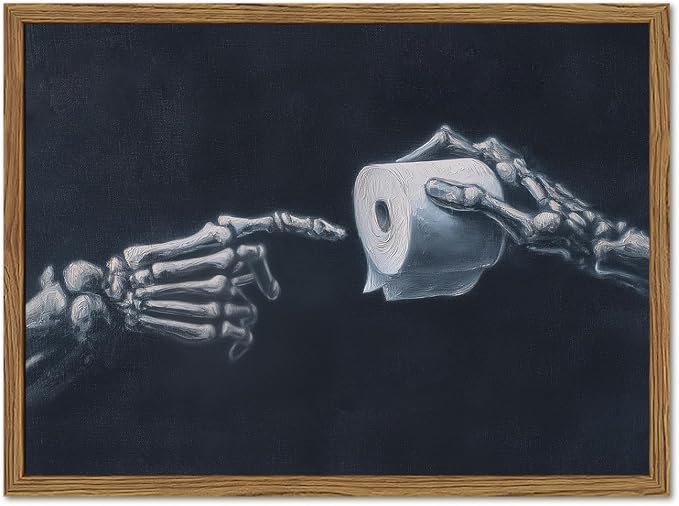 Funny Skeleton Bathroom Wall Art Gothic Skull Hand and Toilet Paper Bathroom Wall Decor Picture, Dark Academia Restroom Poster Canvas Print Painting 12x16 inch Wood Framed - skull painting
