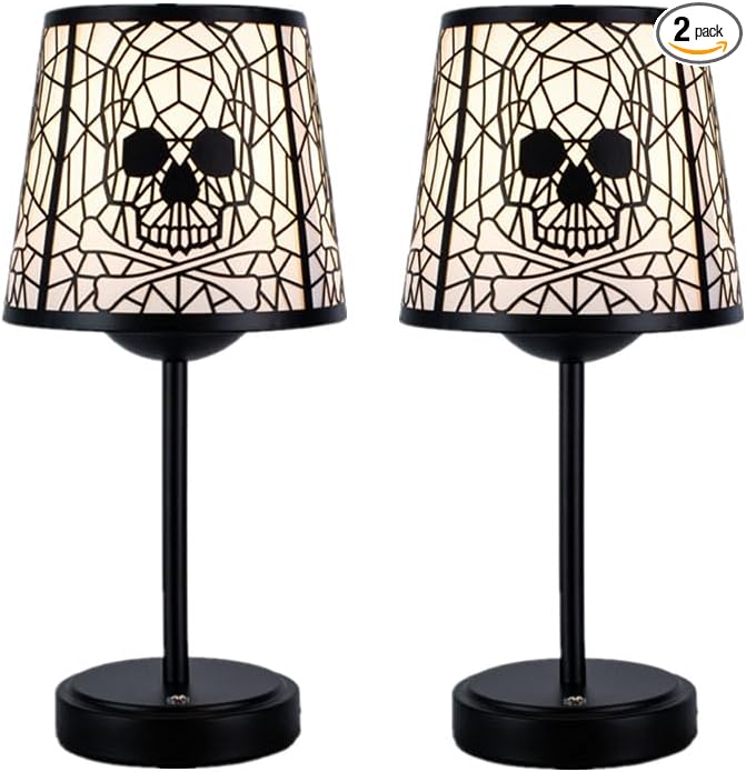 Skull and Crossbones Table Lamps, Black Base with Decorative Shade, 3-level brightness touch Halloween Gothic style table lamp, suitable for/bar/restaurant/bedroom/decorative lighting, 2 packs. - skull lamp