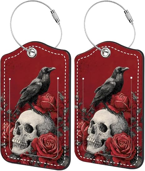 2 Pack Luggage Tags for Suitcases Crow Skull Rose Travel Bag Tag Identifier